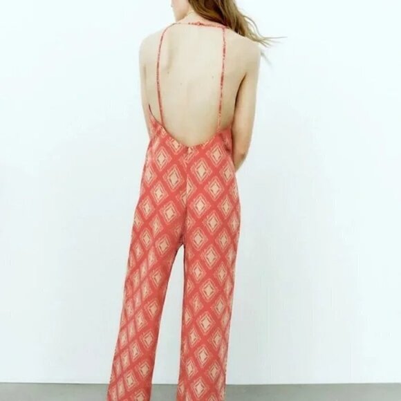 New Zara The Jami V-Neck Open Back Wide Leg Terracotta Print Jumpsuit NWT Small - Picture 5 of 15